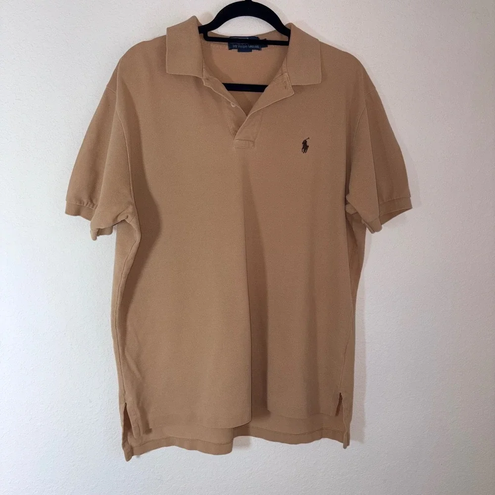 Polo Ralph Lauren Polo Shirt Large Tan Pique Cotton Short Sleeve Logo biw pony
